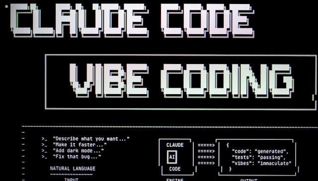 Texte pixelisé « Claude Code » et « vibe coding »